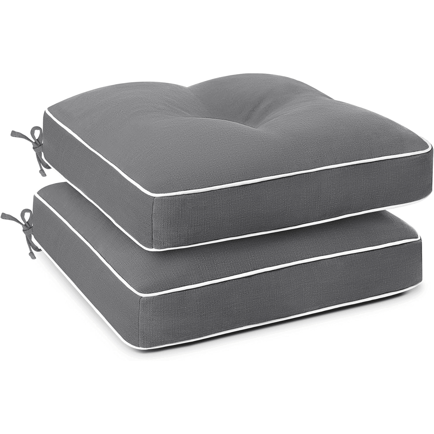 Two gray  Favoyard cushioned seat pads with white piping