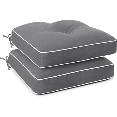 Two gray  Favoyard cushioned seat pads with white piping