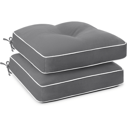 Two gray  Favoyard cushioned seat pads with white piping