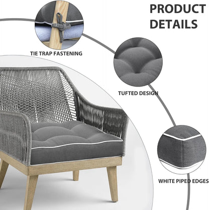 Chair with gray cushions and tufted design, featuring tie trap fastening, white piped edges, and tufted design details.
