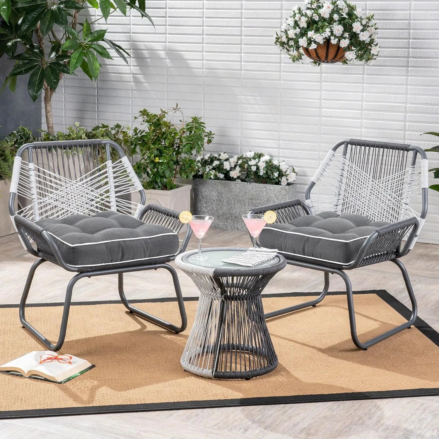 Outdoor patio set with two chairs cushions