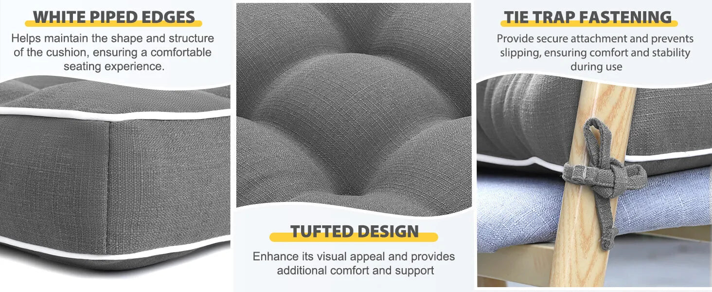 Product features including white piped edges, tufted design, and tie trap fastening on a cushion.