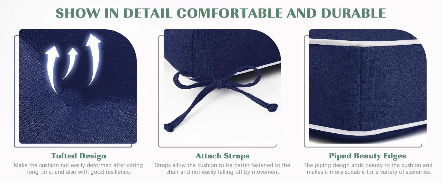 Navy blue ottoman with tufted design, attach straps, and piped beauty edges