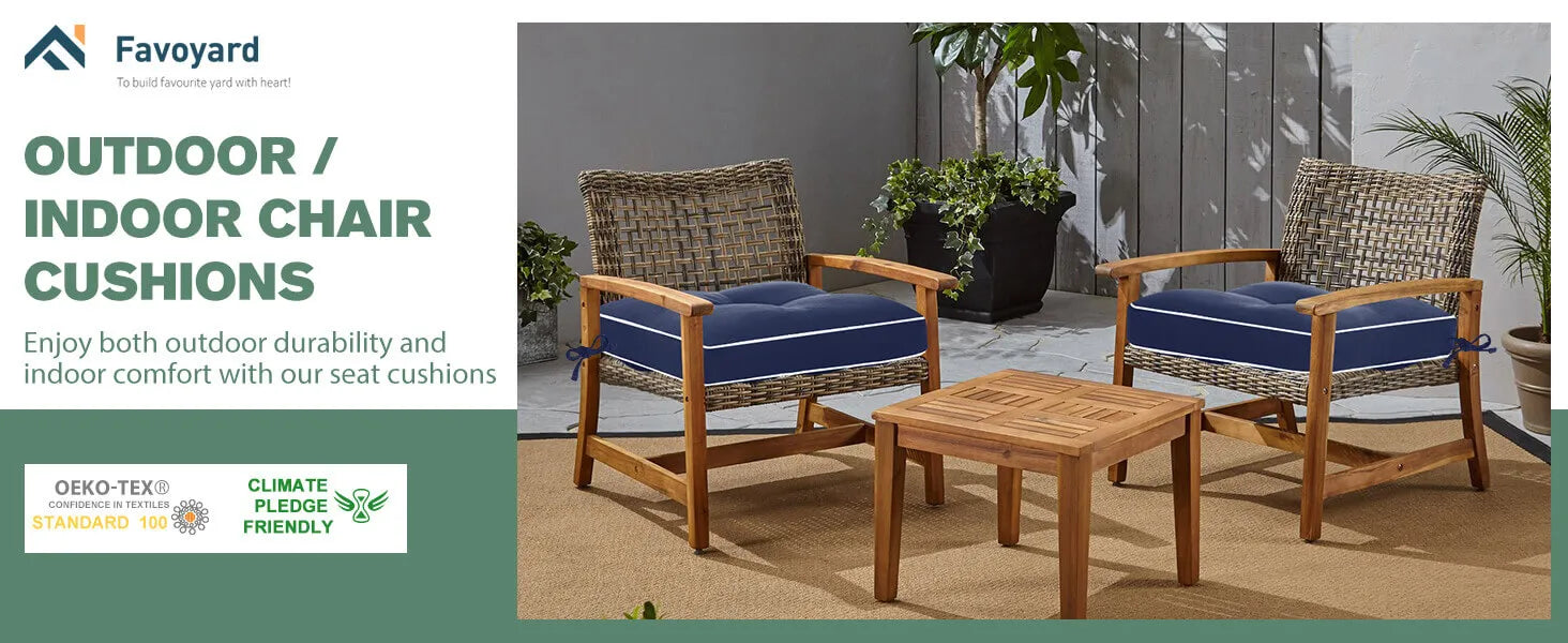 Two wooden chairs with blue cushions on a patio, featuring Favoyard branding and sustainability logos.