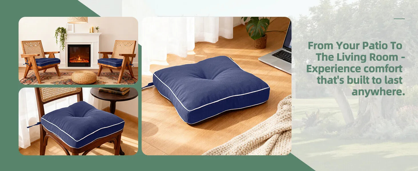 Blue cushion on a wooden floor