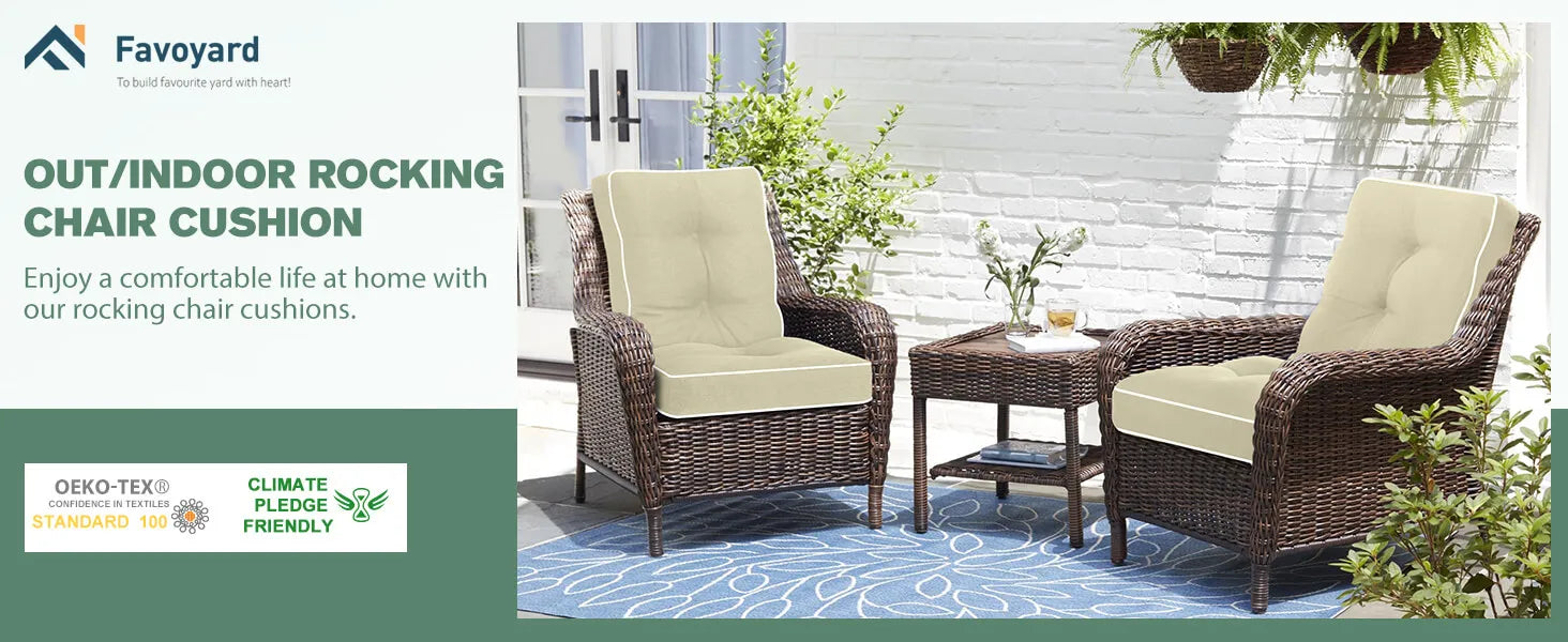 Two wicker chairs with beige cushions on a patio, featuring Favoyard branding.