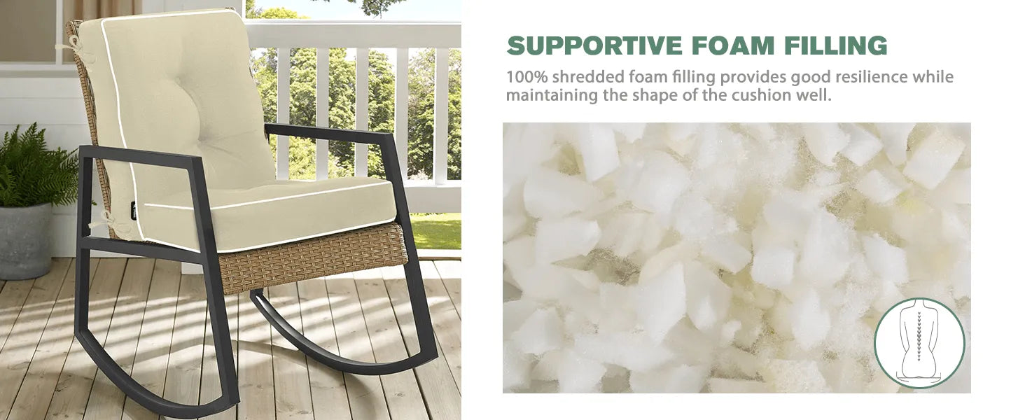 Rocking chair with beige cushion with supportive foam filling