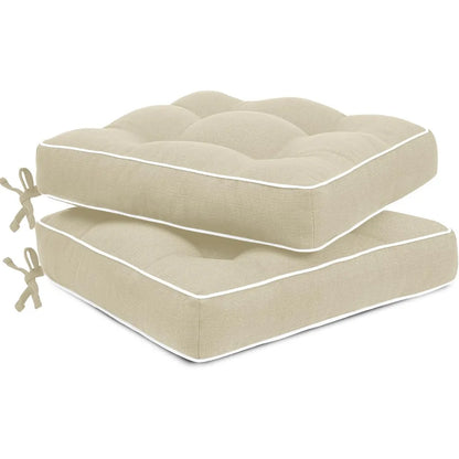 Two beige cushioned seat pads with white piping of Favoyard dining chair cushions outdoor