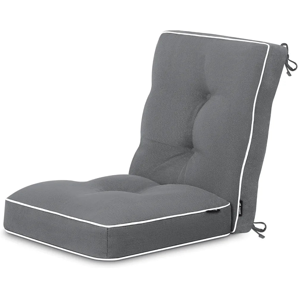 Gray cushioned chair with white piping of Favoyard replacement outdoor cushions