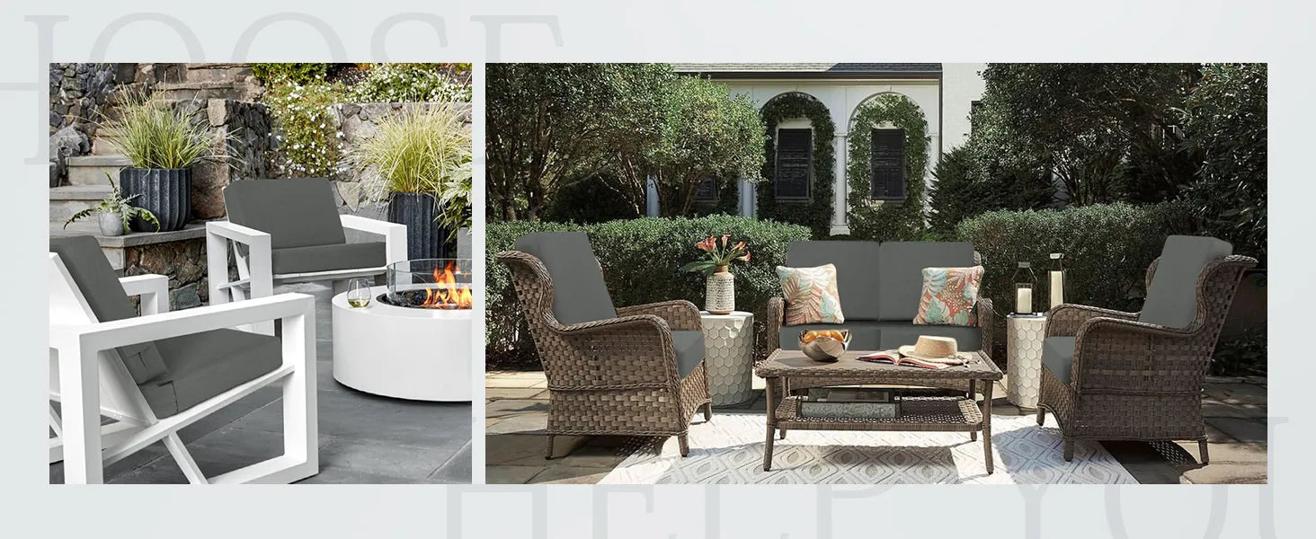 Two Favoyard outdoor patio cushion sets with furniture