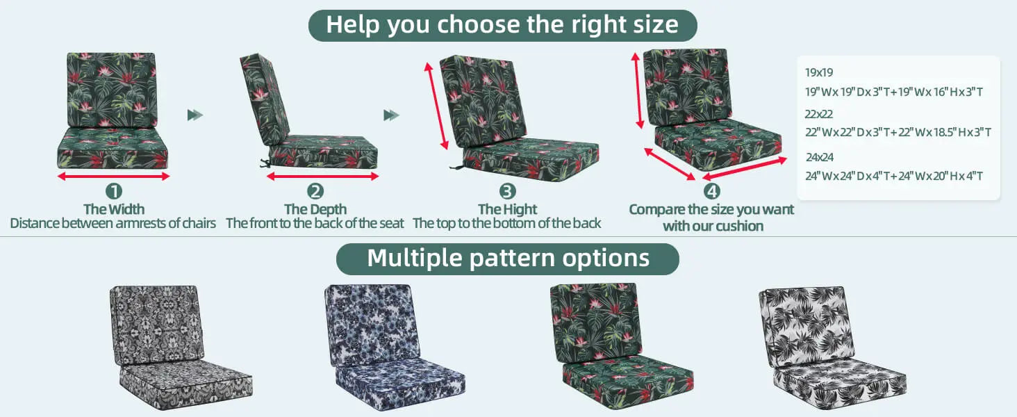 Favoyard Chair cushions with pattern options and size chart