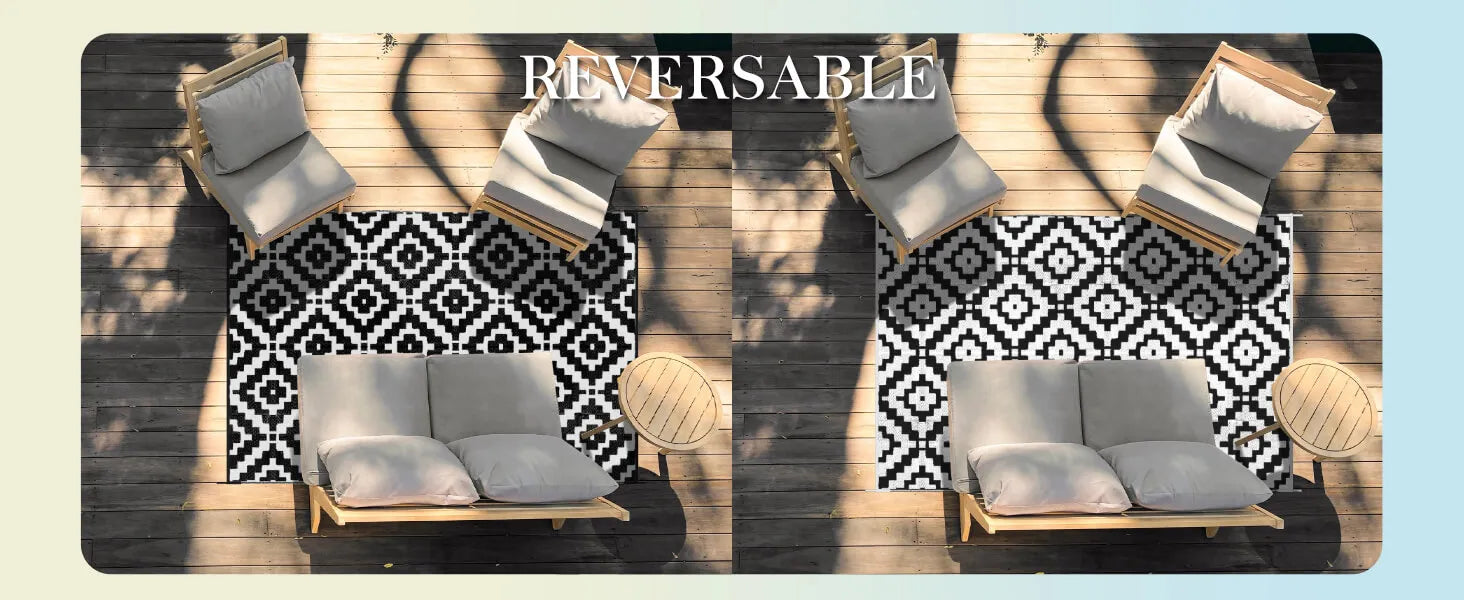 Reversible outdoor furniture set with Favoyard Outdoor Rugs