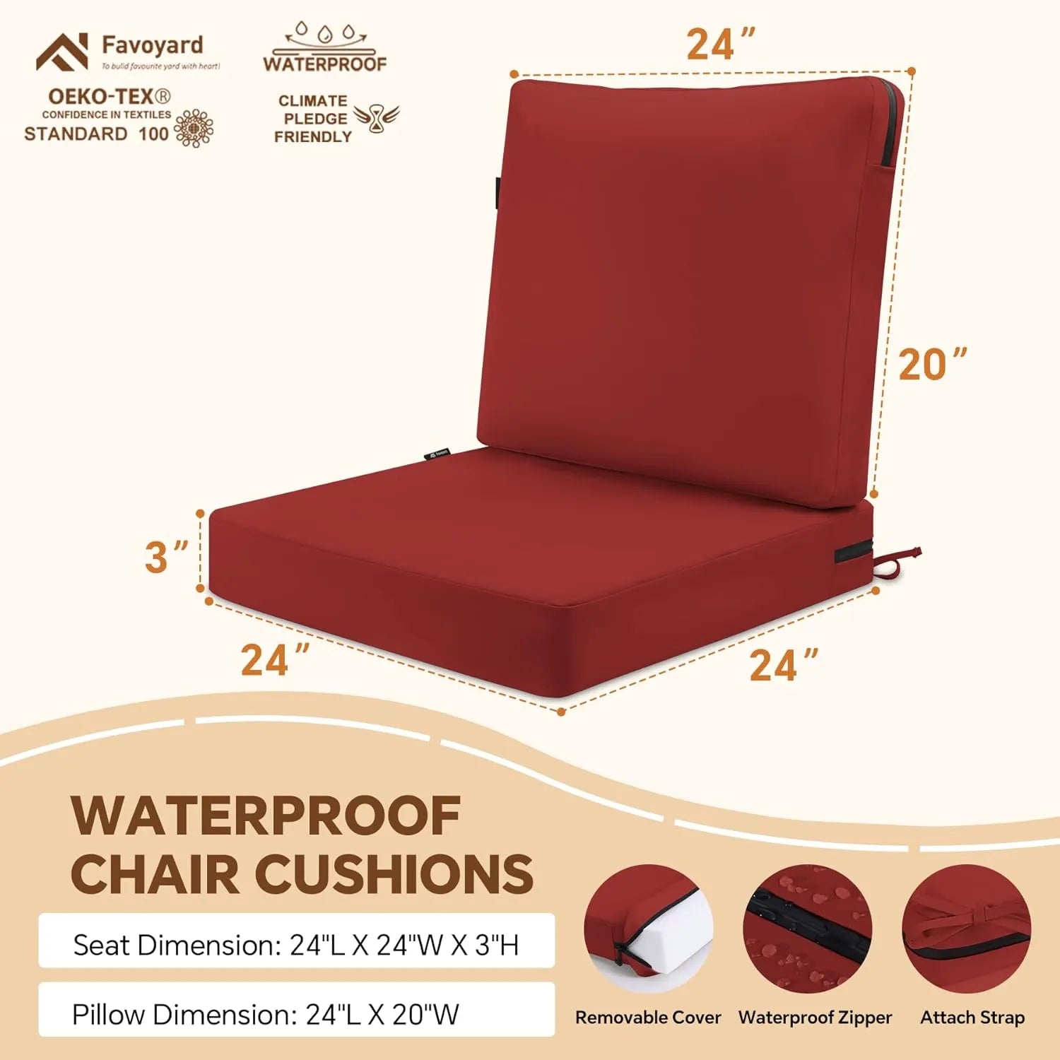 Favoyard Waterproof Outdoor High Back Patio Furniture Cushions