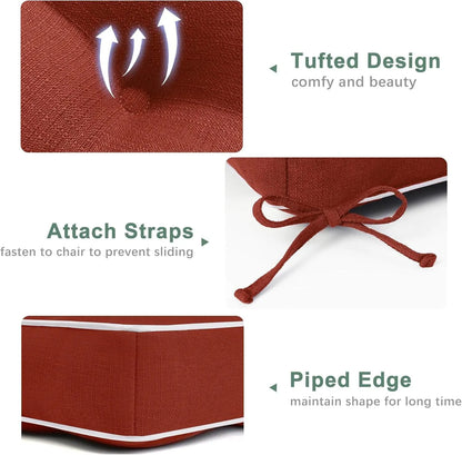 Red chair cushion cover with text highlighting features like tufted design, attach straps, and piped edge.