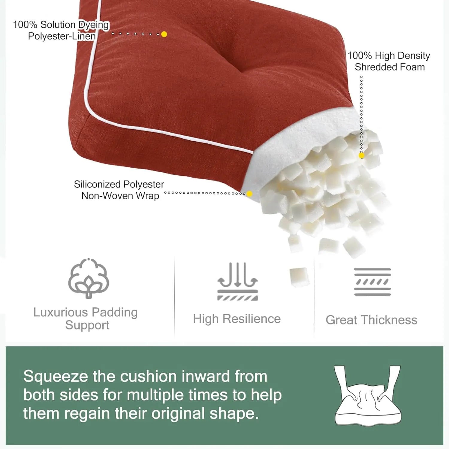 Red outdoor replacement cushions with detailing its materials and features