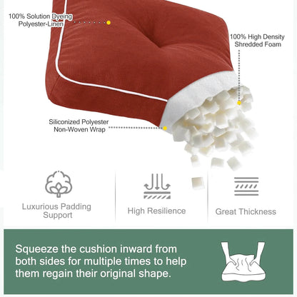 Red outdoor replacement cushions with detailing its materials and features