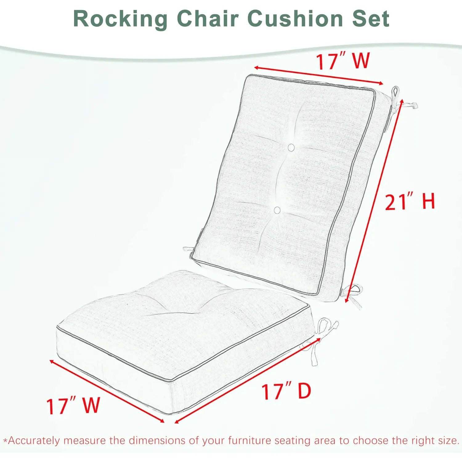 Diagram of a rocking chair cushion set with dimensions