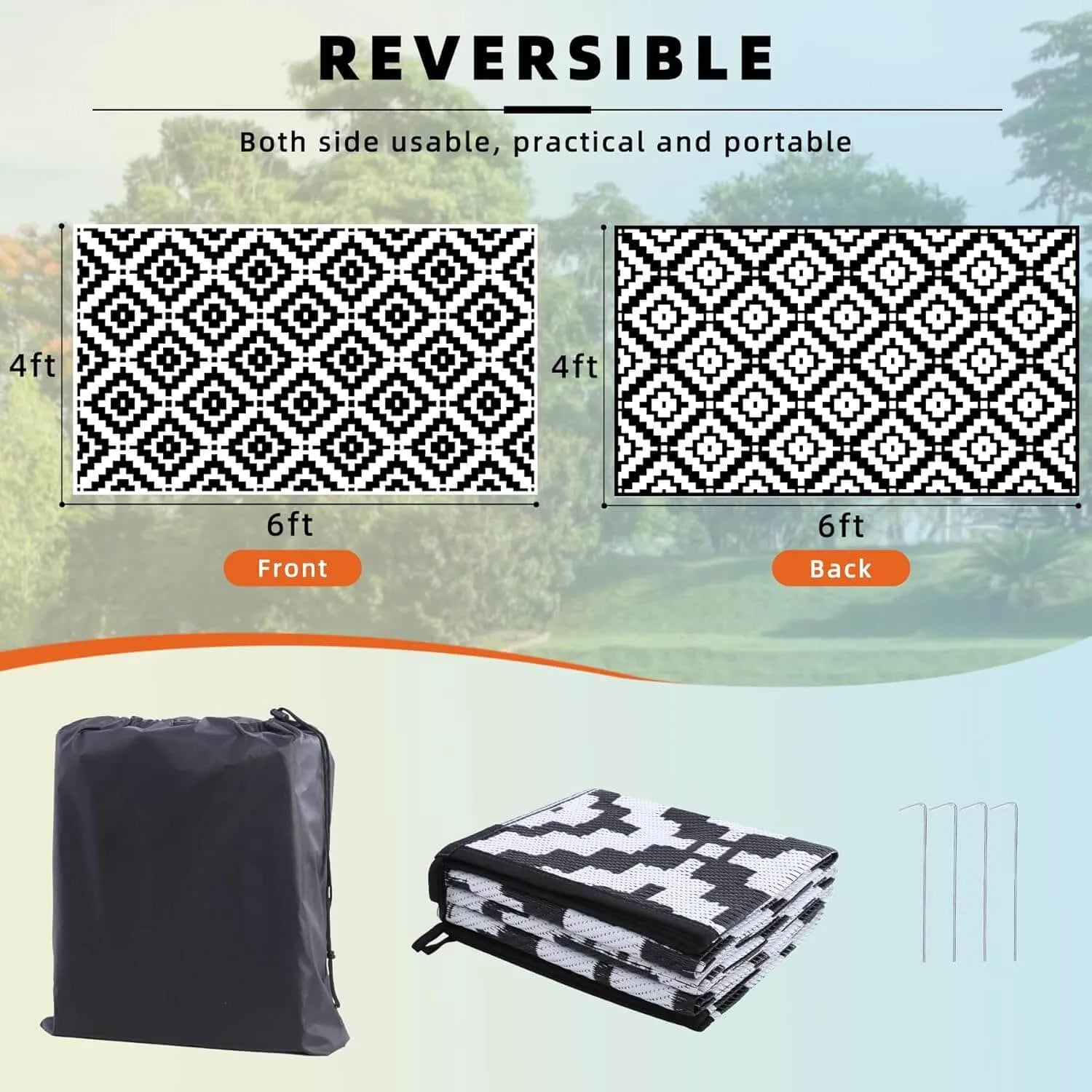 Reversible patterned Favoyard rugs with packaging and dimensions displayed.