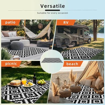Black and white patterned Favoyard rug used in various outdoor settings including a patio, RV, picnic, and beach.