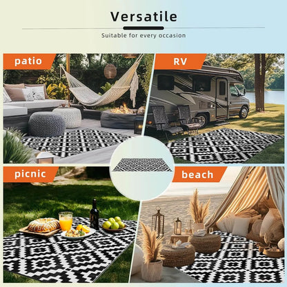 Black and white patterned Favoyard rug used in various outdoor settings including a patio, RV, picnic, and beach.
