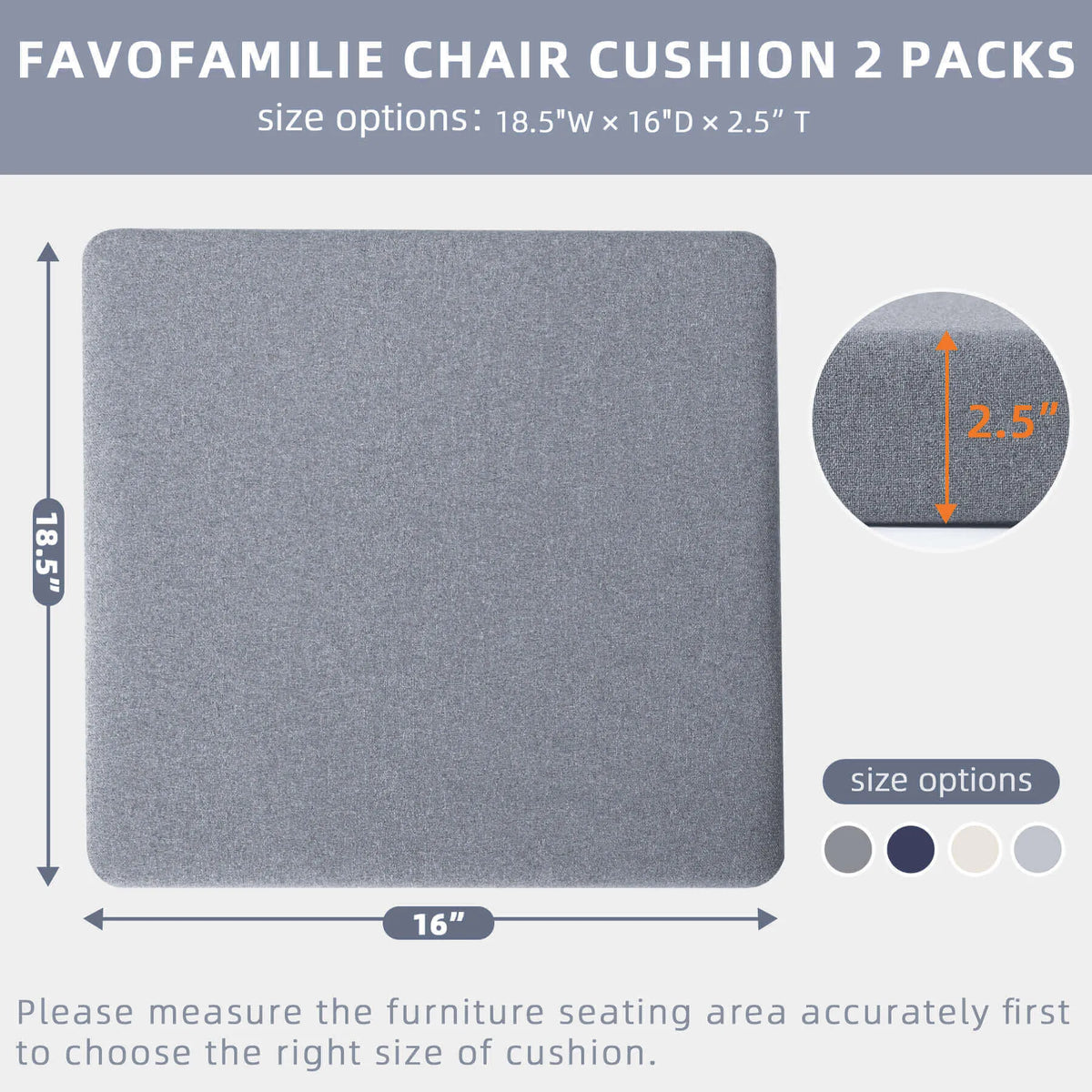 Gray chair cushion with dimensions and size options with Favoyard cushions
