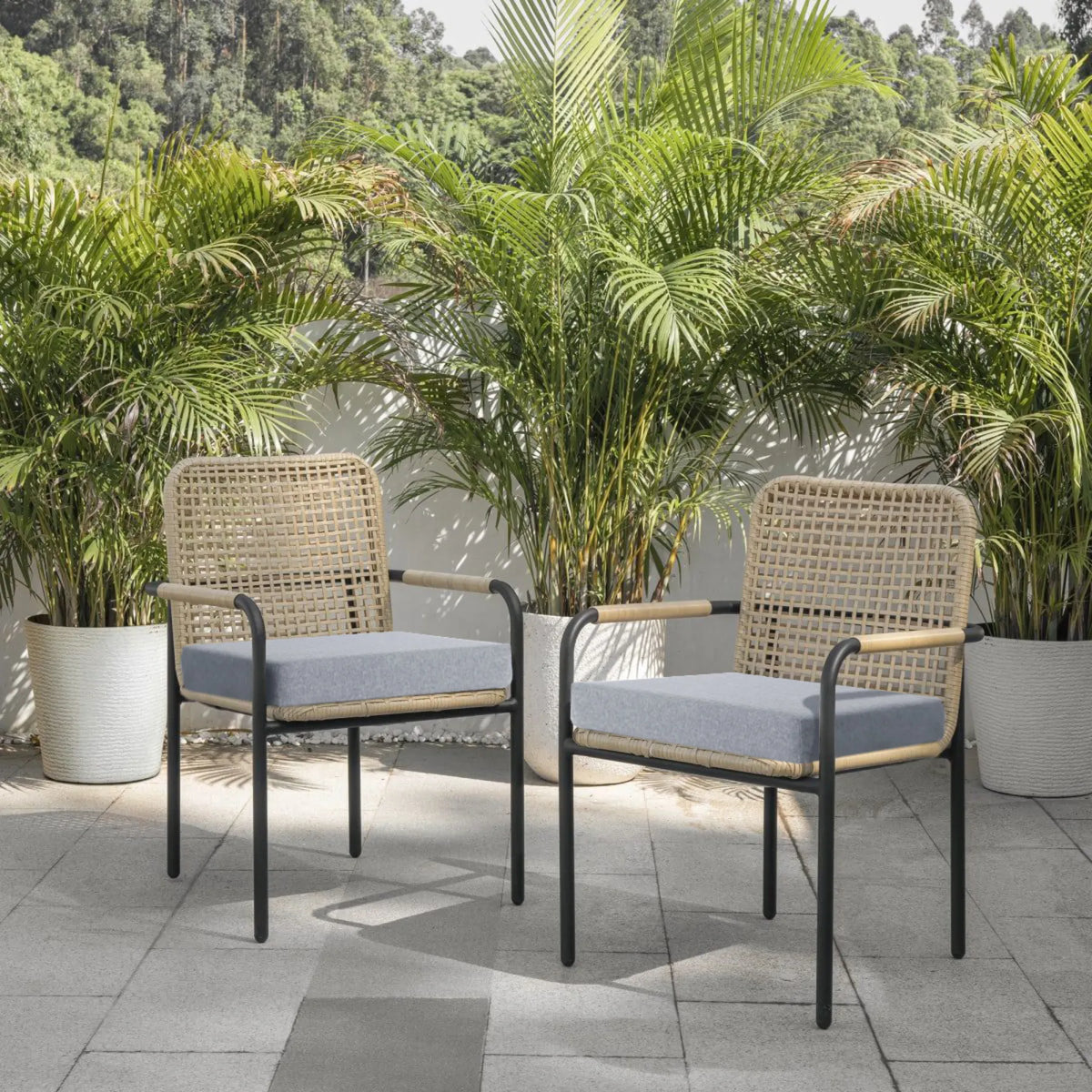 Two wicker chairs with cushions on a patio surrounded by potted plants.