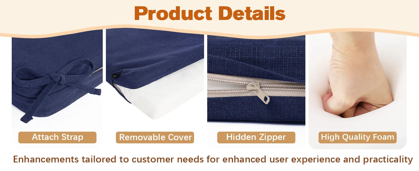 Product details of attach strap, removable cover, hidden zipper, and high quality foam with Favoyard cushion