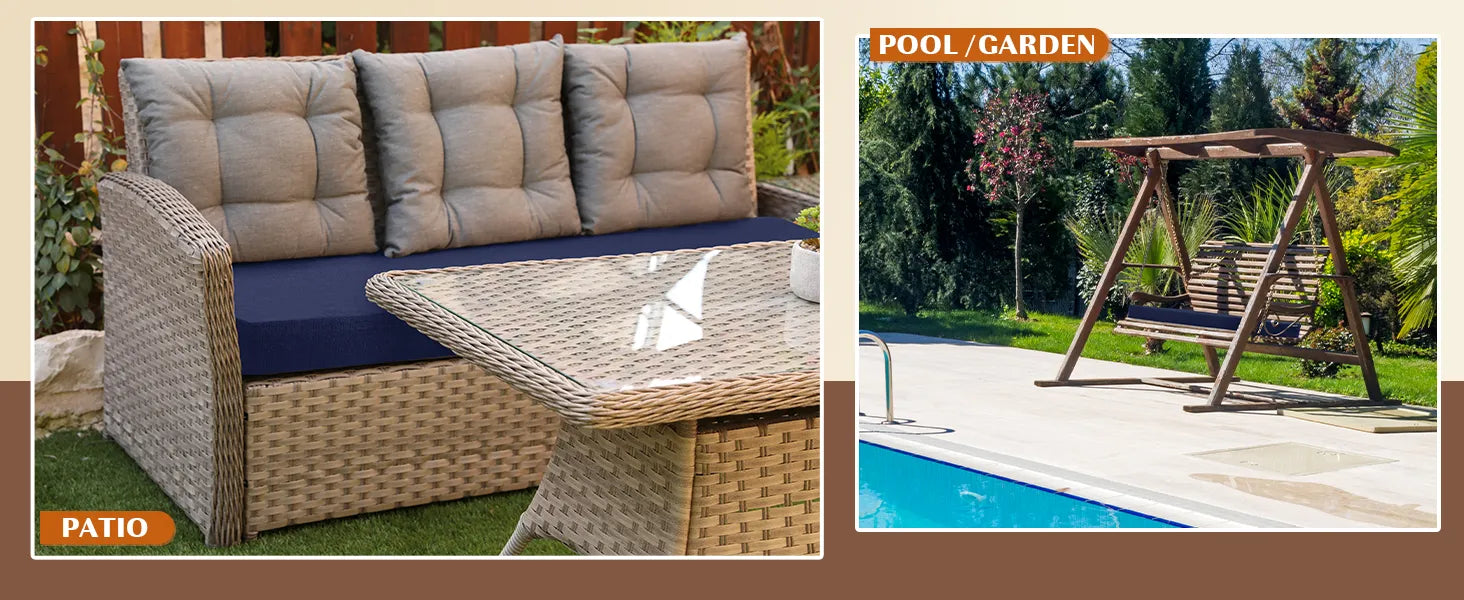 Outdoor furniture set with outdoor bench chair cushions