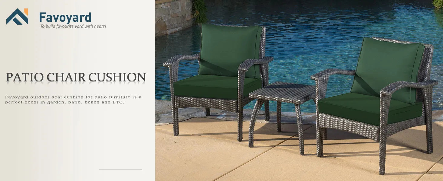 Two patio chairs with green Favoyard lounge chair seat cushions