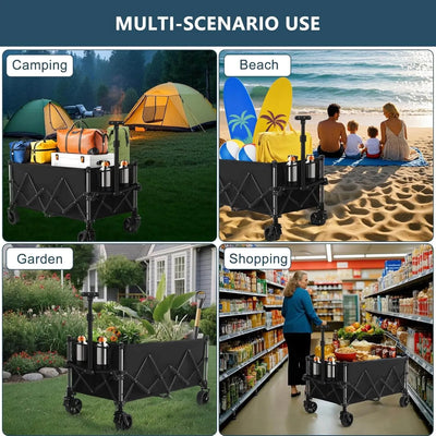 Multifunctional cart used for camping, beach, garden, and shopping scenarios.