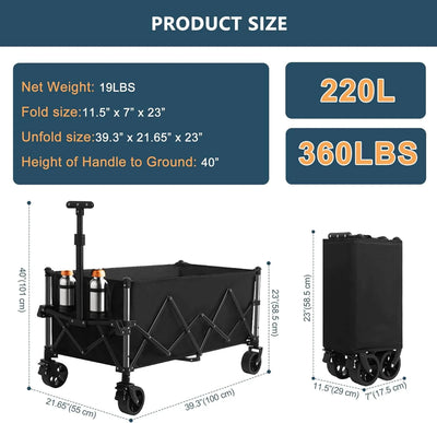 Product size chart with dimensions and weight details of a black folding cart.