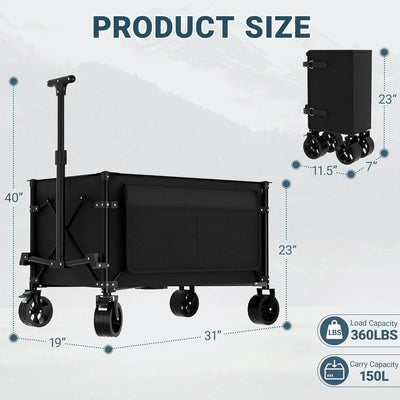 Black cart with dimensions and load capacity details