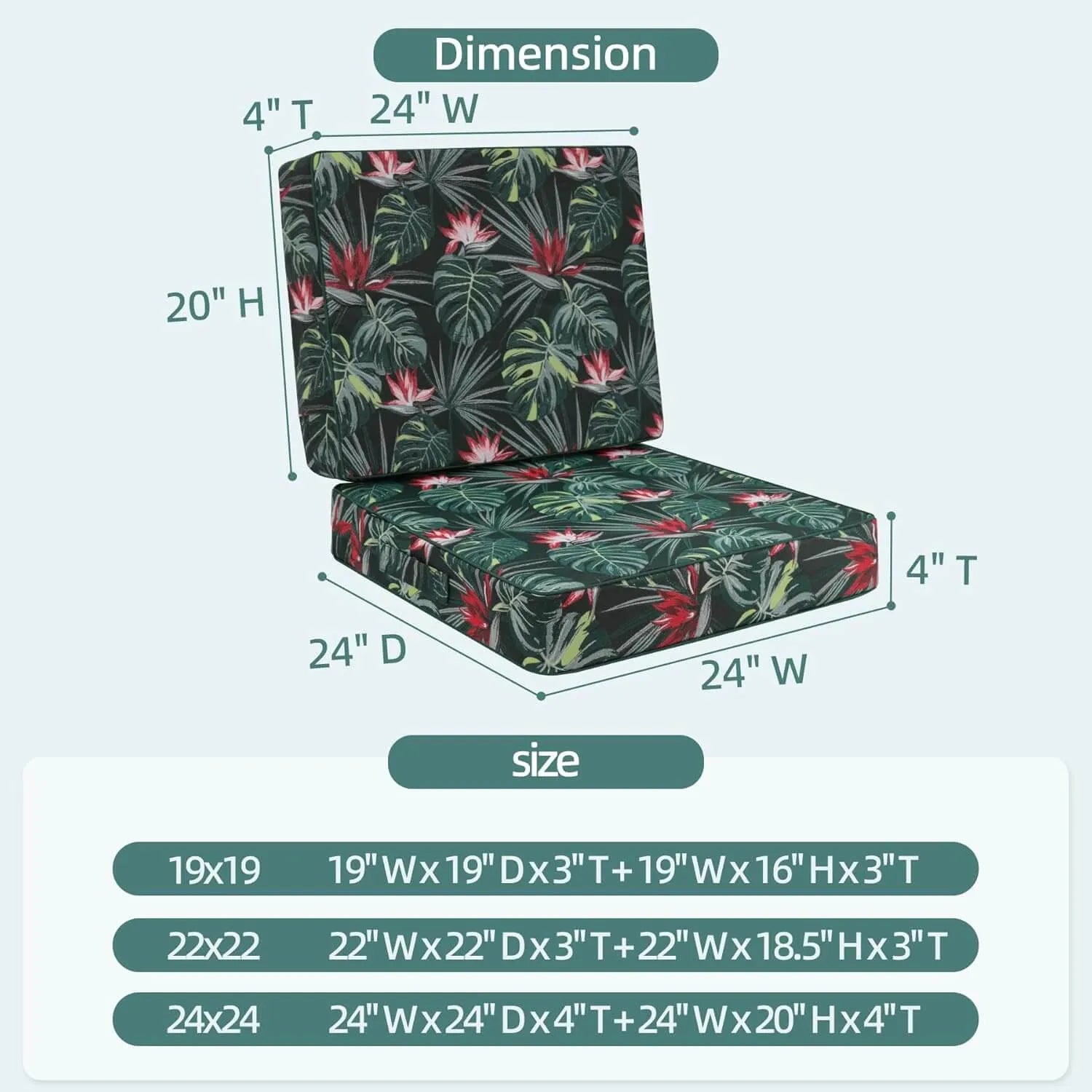 Floral patterned outdoor deep seating cushions with dimensions 