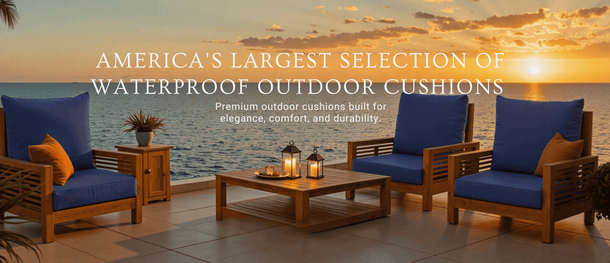 Outdoor furniture set with Favoyard outdoor blue cushions 