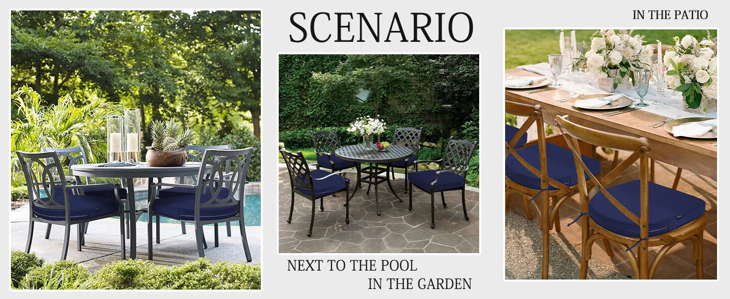 Outdoor furniture set with Favoyard blue cushions in various settings.