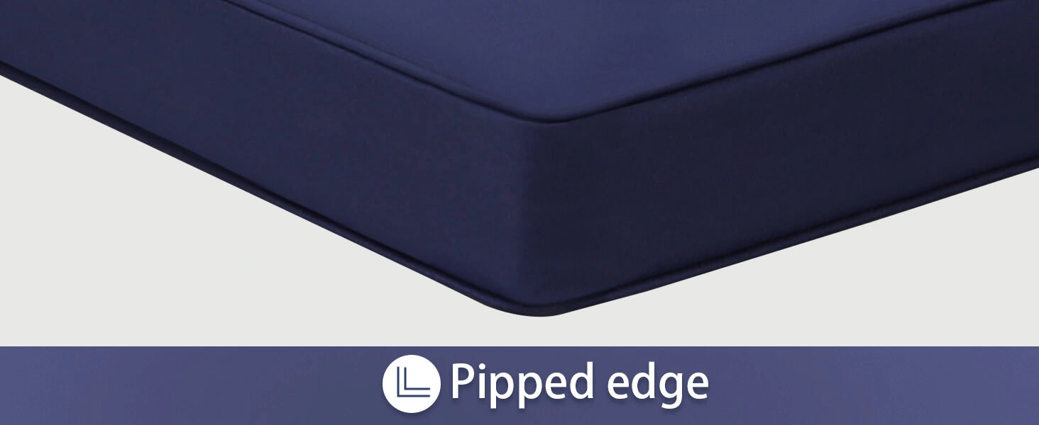 Navy blue thick patio cushions with pipped edge