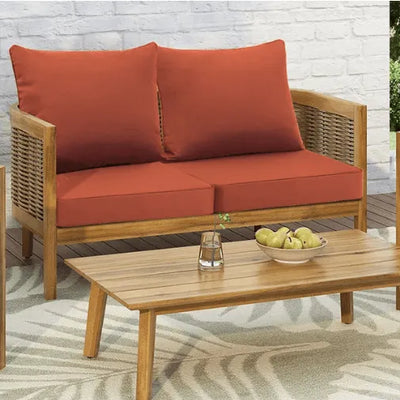 Favoyard fade-resistant red outdoor sofa cushions on wooden patio set with matching coffee table