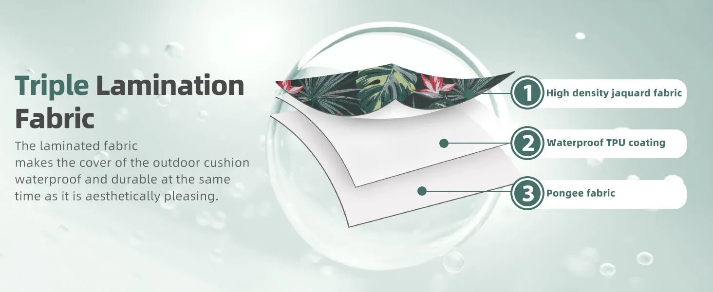 Waterproof outdoor rocking chair cushions with triple lamination fabric layers 