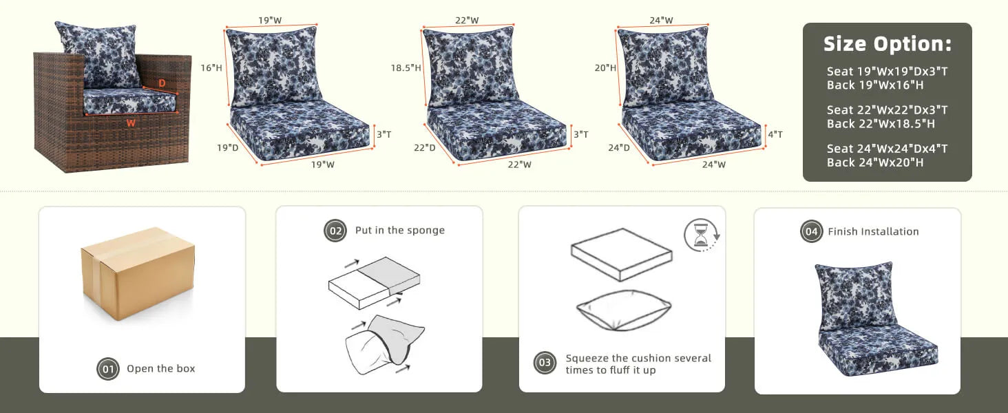 Favoyard Chair cushions with size options and installation instructions