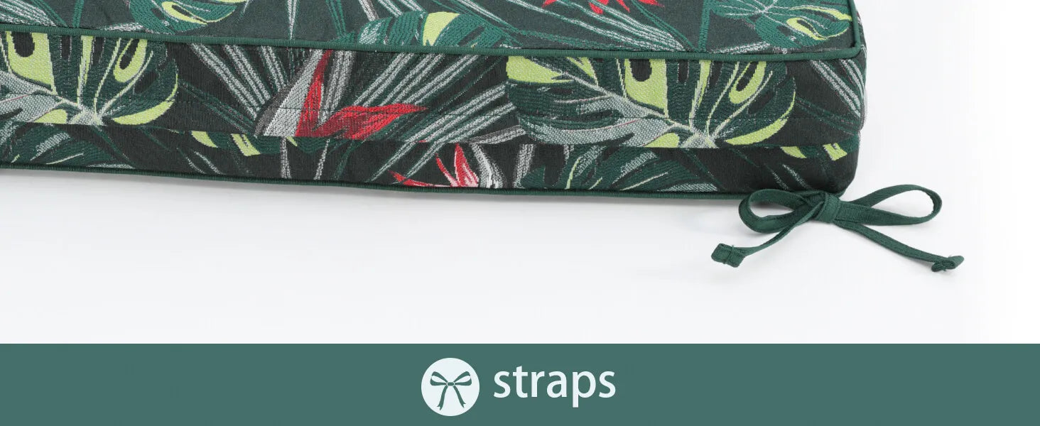 Waterproof fabric for outdoor cushions with tropical leaf pattern and straps 