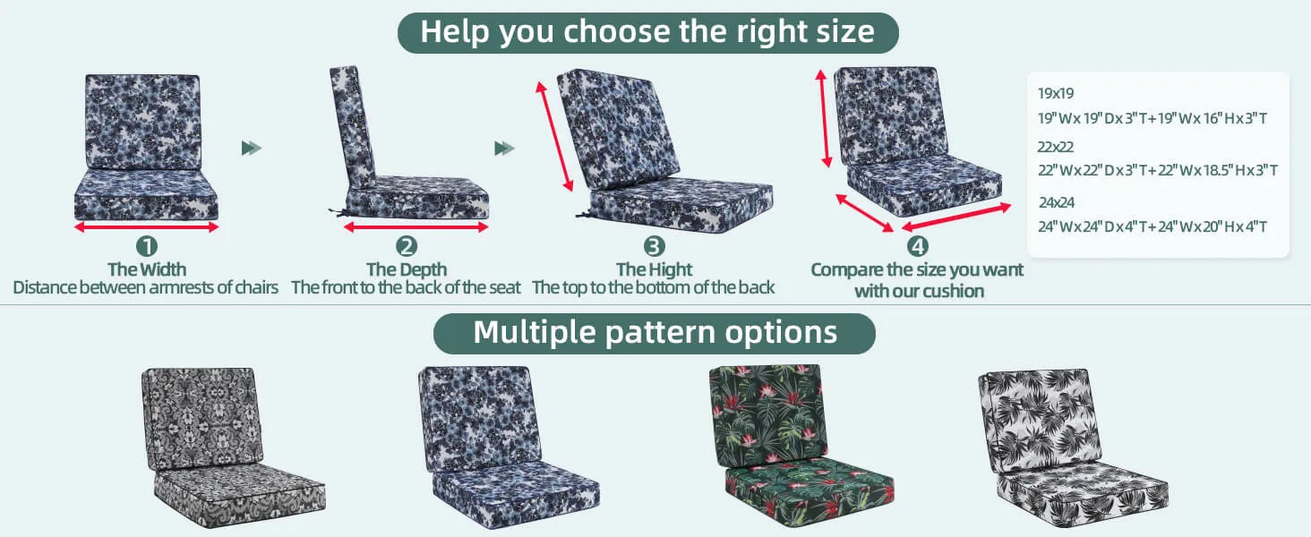 Chair cushions with size chart and pattern options