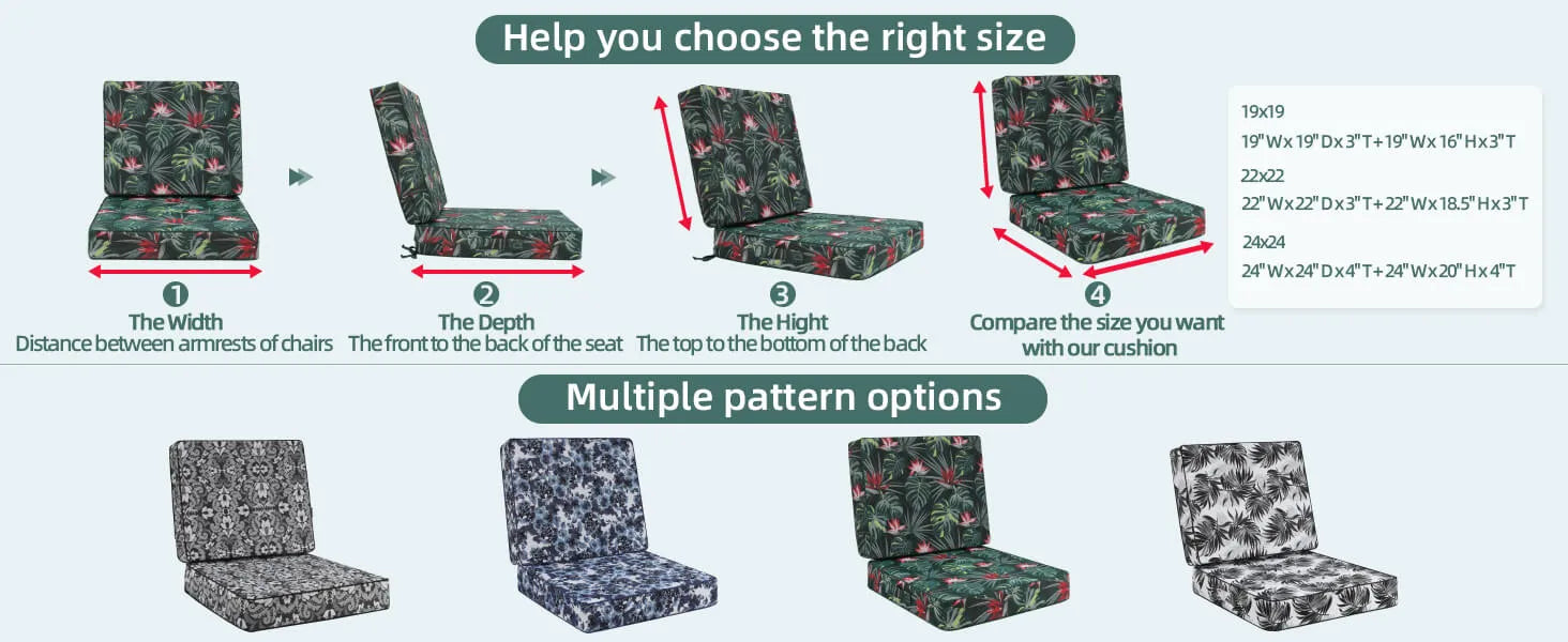 Waterproof outdoor cushions outdoor furniture with size chart and pattern options