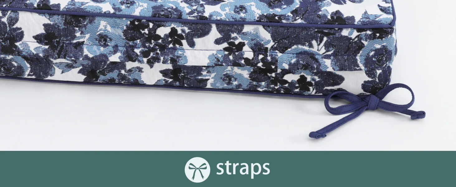 Blue floral-patterned thick outdoor seat cushions with straps