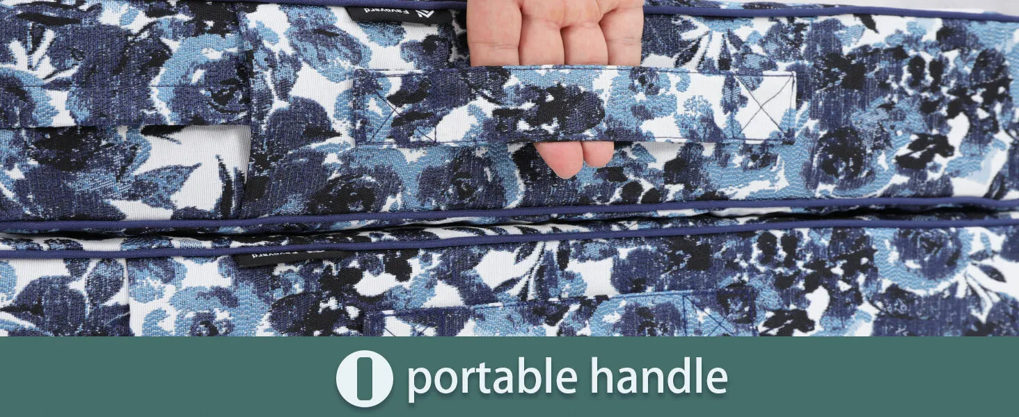 Blue floral-patterned outdoor waterproof chair cushions with a portable handle