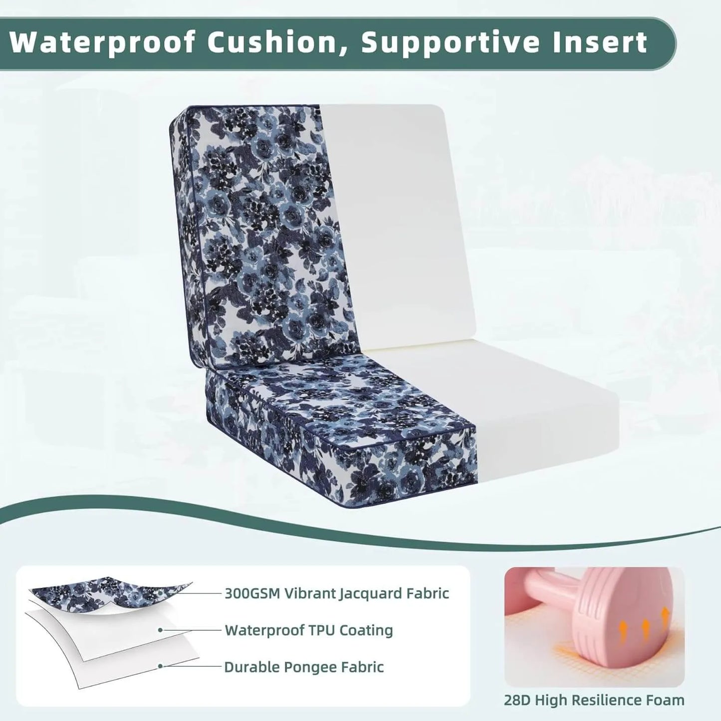 Floral-patterned waterproof outdoor seat cushions with waterproof and supportive insert