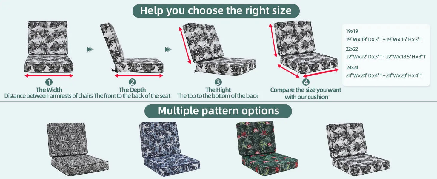 Outdoor seat cushions waterproof with pattern options and size chart for selection.