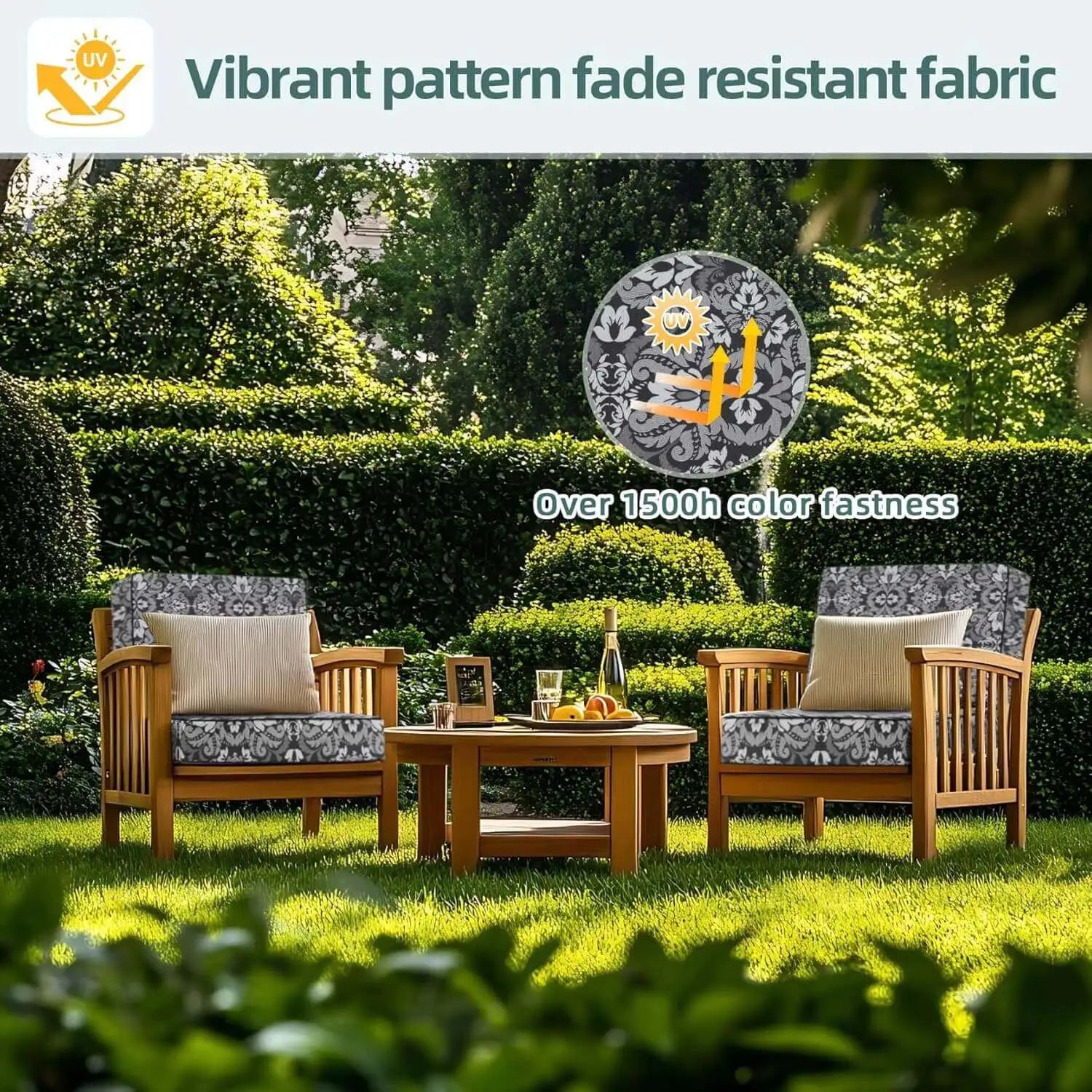 Thick outdoor chair cushions with vibrant patterned fade resistant fabric