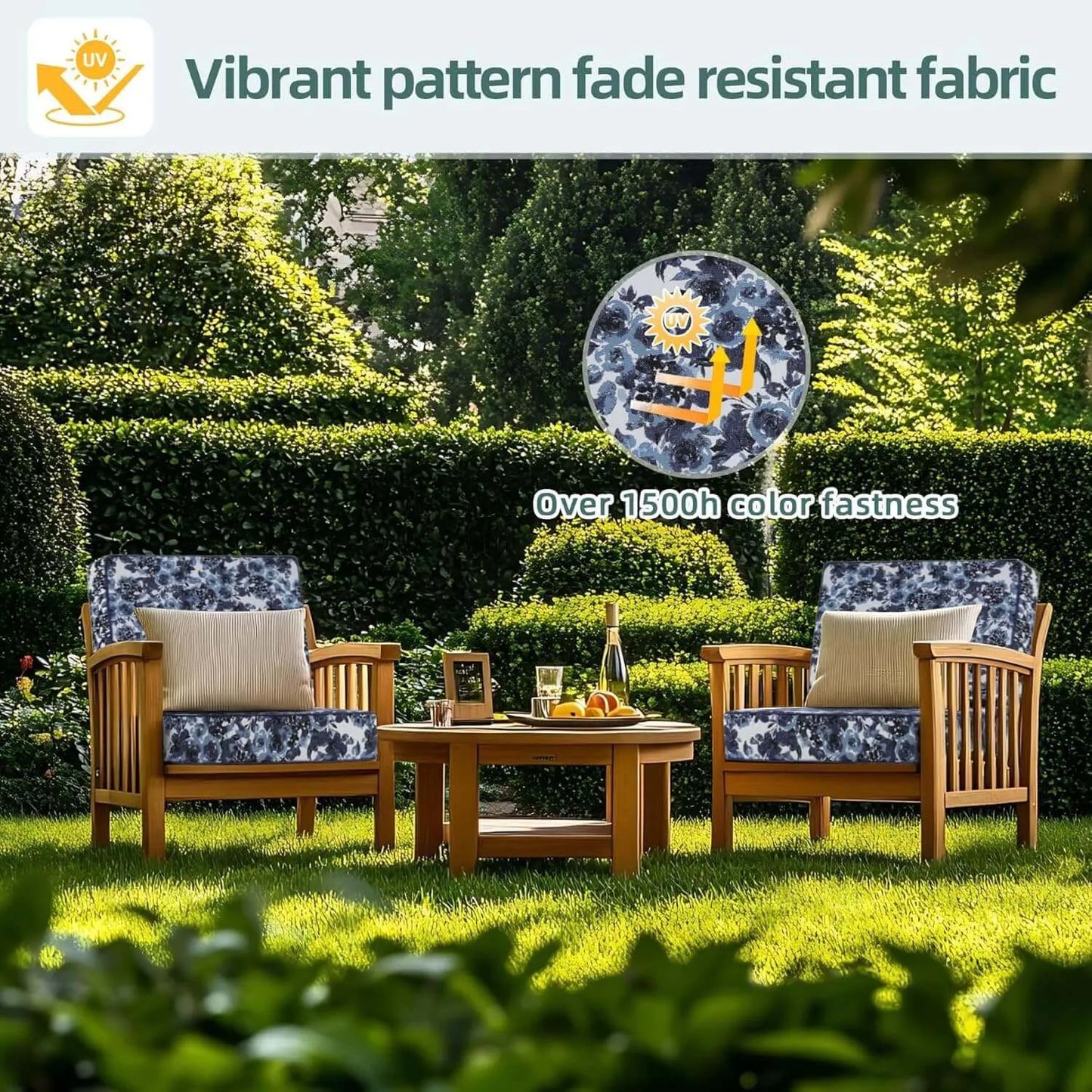 Outdoor furniture set with patterned cushions