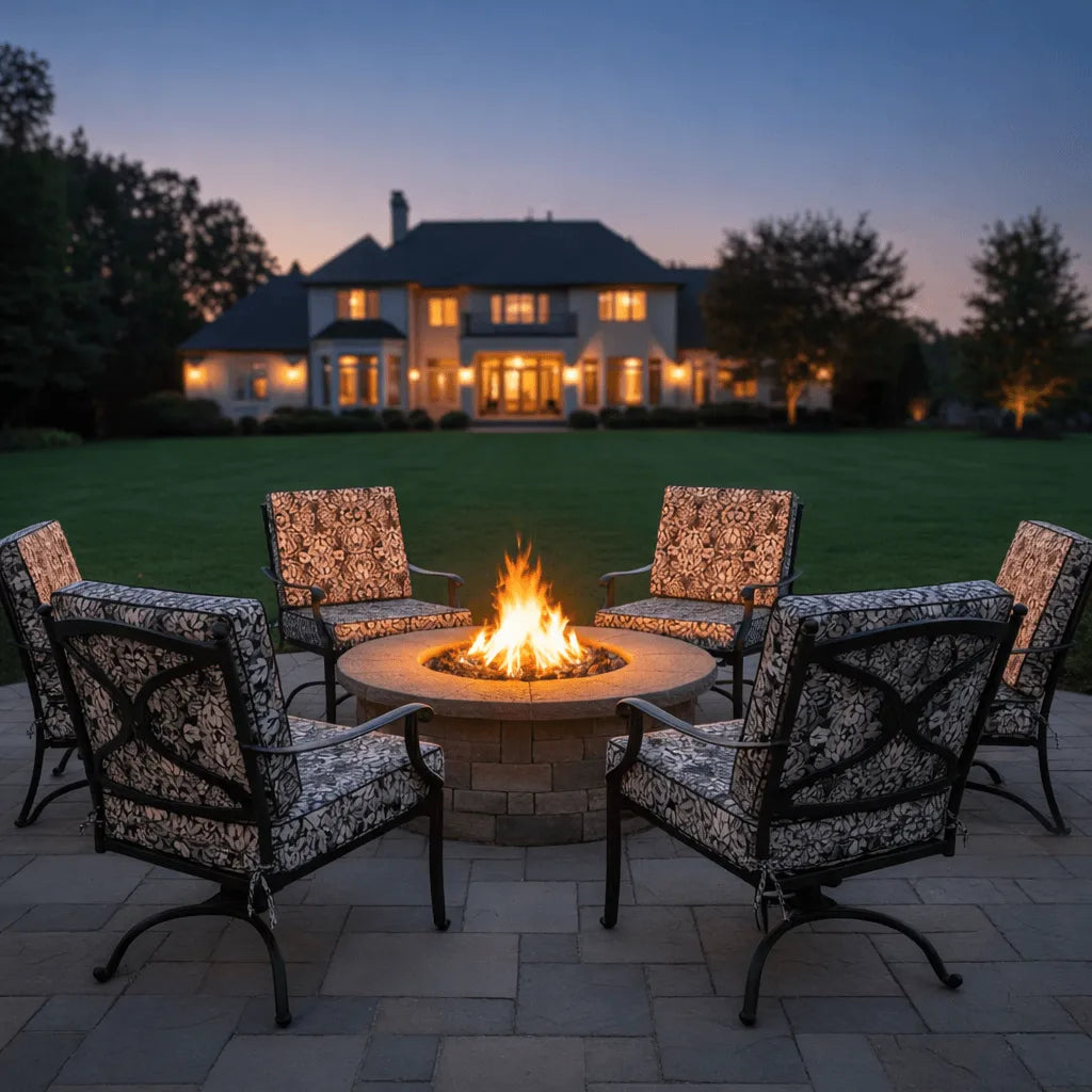 Outdoor patio cushion setting with a fire pit table and chairs 